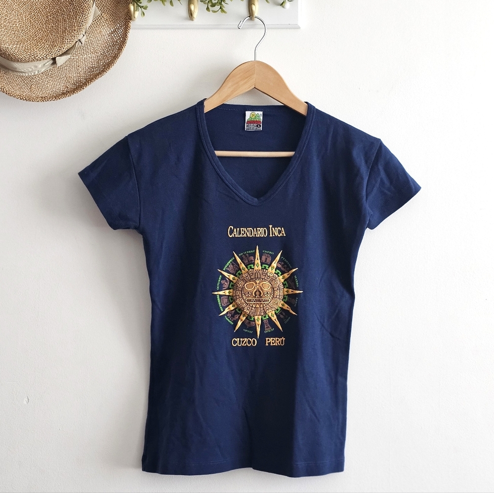 Mango Arts Machu Picchu Peru T-Shirt Large Retro Inca Calendar Cusco Graphic Tee